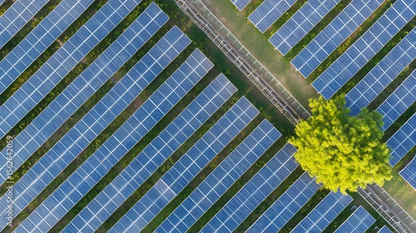 Fototapeta Aerial view of solar panels in a large solar farm with sunlight reflections and green trees in the background