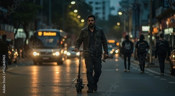 Obraz Man with a scooter walks down a city street at night, illuminated by streetlights and the glow of passing vehicles.
