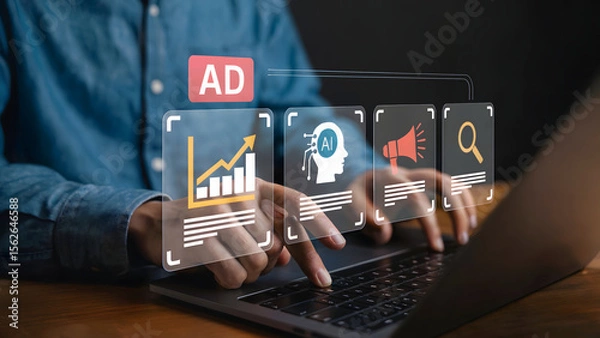 Fototapeta Person using laptop and digital marketing tools, analyzing data, and optimizing strategies to improve online advertising, search engine optimization, and drive business growth.