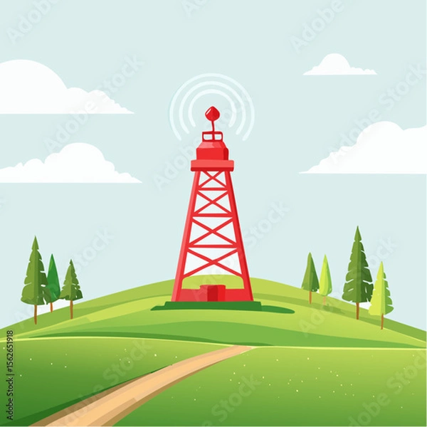 Obraz Red Communication Tower on a Hilltop Landscape