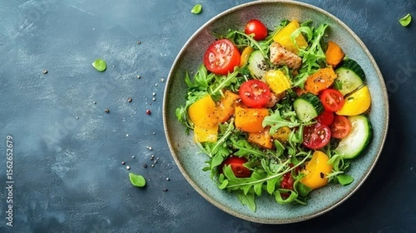 Fototapeta Deliciously fresh salad composed of tomatoes, arugula, cucumbers, and colorful peppers