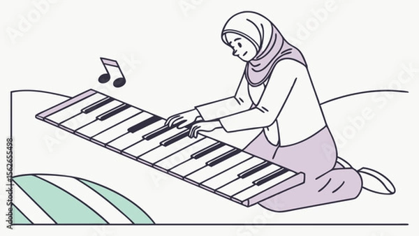 Fototapeta Woman in hijab plays a giant piano keyboard outdoors, surrounded by a serene, artistic landscape with floating music notes.