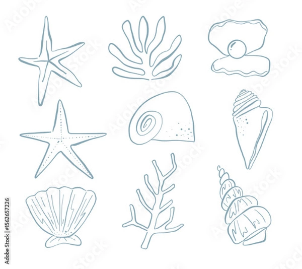 Fototapeta Line Art Ocean Creature And Seashell. Aesthetic line art collection featuring sea creatures coral branches spiral shells pearl oysters and more. Perfect for marine patterns ocean and beach projects
