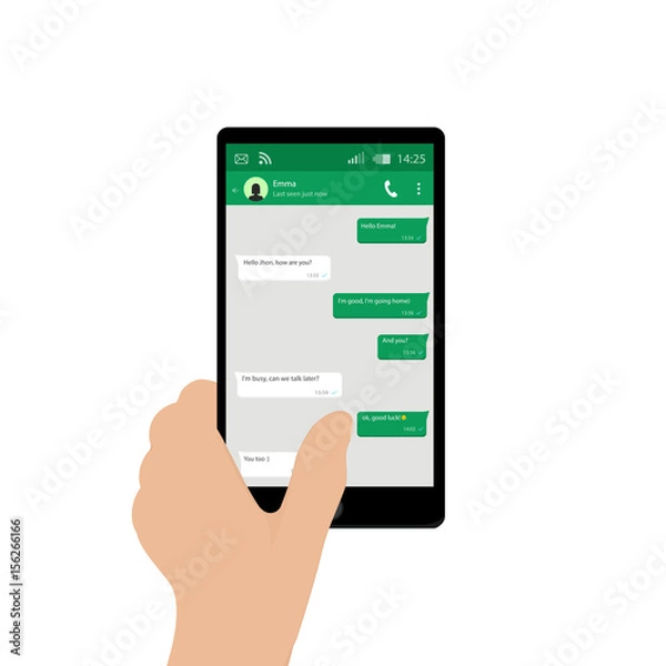 Fototapeta Hand holding mobile phone. Vector illustration. Social network concept. Vector. Messenger window. Chating and messaging concept. Green chat boxes.