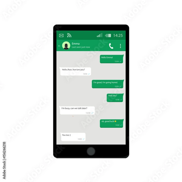 Fototapeta Mobile phone. Vector illustration. Social network concept. Vector. Messenger window. Chating and messaging concept. Green chat boxes.