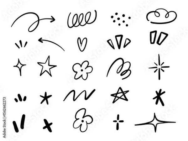Fototapeta Doodle Style Abstract Accent Collection. A collection of 24 hand drawn doodle style accent marks including arrows stars sparkles and more. Perfect for comic elements and expressive decorations