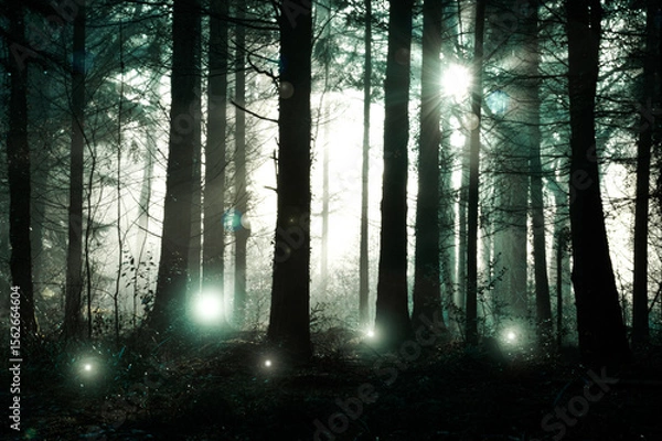Fototapeta Spooky floating UFO lights, in a mysterious foggy winter forest