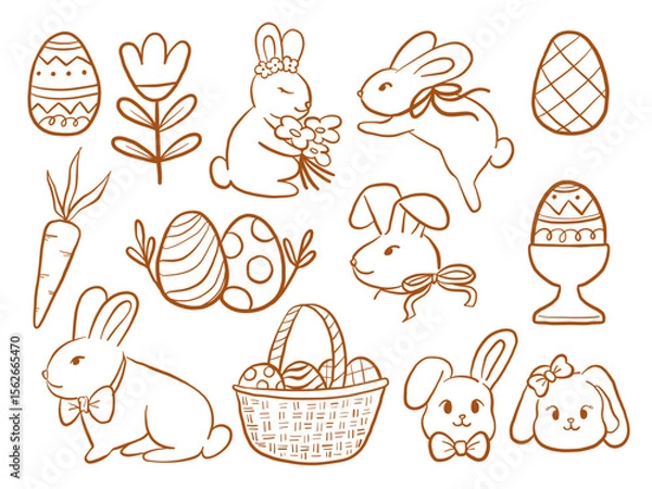 Fototapeta Doodle Style Easter Bunny And Egg Set. A charming set of 13 Easter doodle illustrations featuring bunnies eggs baskets flowers and festive spring elements in warm style. Perfect for card sticker