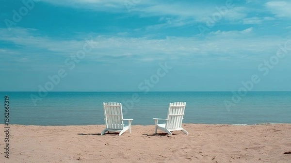 Fototapeta Photograph of two white chairs on the beach with a blue sky and calm sea in the background, peaceful and relaxing scene, perfect for summer vacation photos or travel, minimalist beach setting