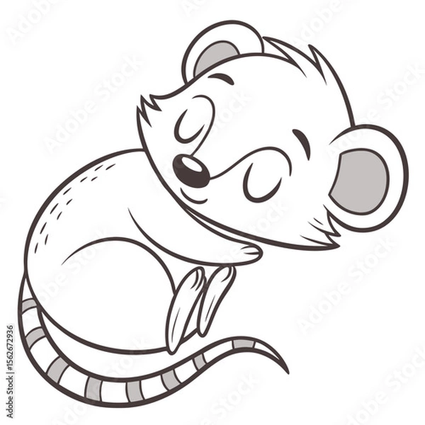 Fototapeta Sleeping mouse illustration with closed eyes and striped tail on white background rodent