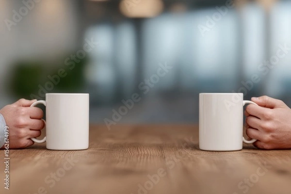 Fototapeta Two white mugs held by colleagues during a coffee break, symbolizing workplace conversations and relaxation