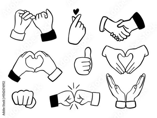 Fototapeta Hand Gesture Outline Icon Collection. A clean black and white collection of 9 hand gesture icons including pinky promise heart hand fist bump thumb up in outline style. Perfect for sticker branding UI