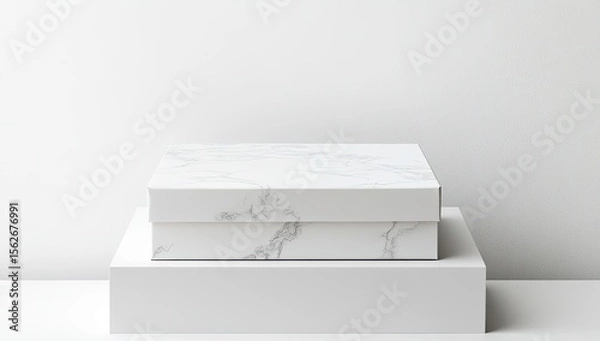Fototapeta Two white marble-patterned boxes on a white pedestal