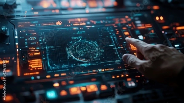 Obraz Futuristic Control Panel Interface with Hands Interacting and Data