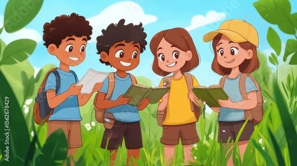 Obraz Children Reading Books in Nature with Bright Sunny Background