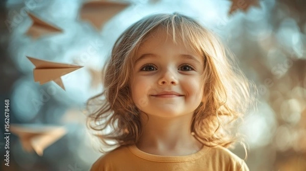Obraz Happy Child with Paper Planes in a Dreamy Outdoor Setting
