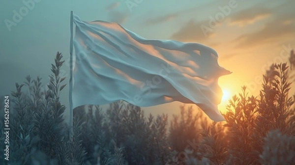 Obraz Flowing White Flag at Sunrise with Soft Grass in Background