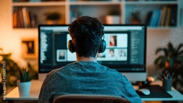 Fototapeta Young professional using AI writing tool on a desktop computer, large monitor showing content being generated in real-time,