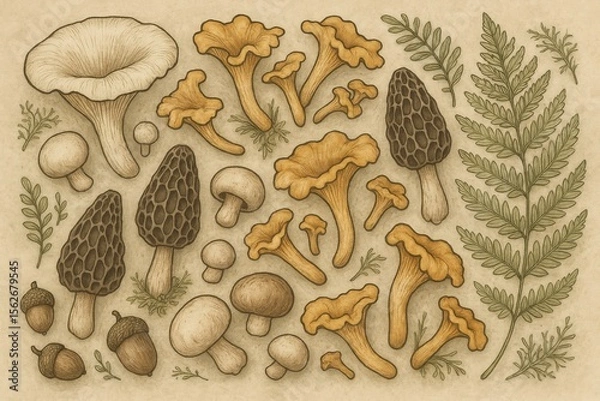 Fototapeta Botanical Illustration of Assorted Wild Mushrooms and Ferns