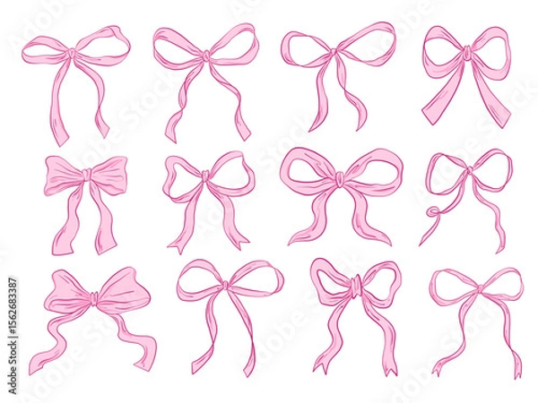 Fototapeta Hand Drawn Pink Ribbon Bow Collection. A charming collection of twelve hand drawn pink ribbon bows in various shapes including loose loops wavy tails folds and minimal silhouettes in sketch style