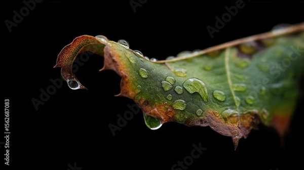 Fototapeta Macro shot of a single green leaf tip curling and turning brown, with dew drops clinging to the decaying edge - Generative AI