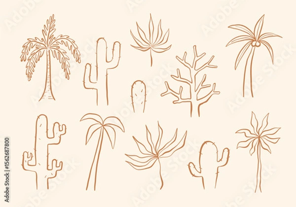 Fototapeta Line Art Botanical Tree And Cactus. A collection of 11 line art elements including palm trees cacti and abstract botanical shapes in warm minimal style ideal for summer visuals tropical themes