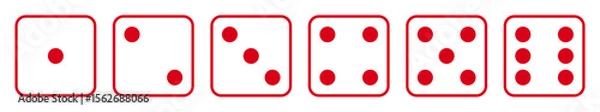Fototapeta Dice icon set with all six faces in red color in outline style. Ludo game dice symbols in outline style. Set of six sides of a dice icon in red color isolated on a white background
