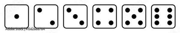 Fototapeta Dice icon set with all six faces in black color in outline style. Ludo game dice symbols in outline style. Set of six sides of a dice icon in black color isolated on a white background