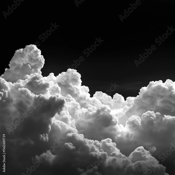 Fototapeta Soft cotton clouds rendered in grayscale on pure black sky background,