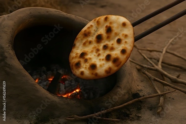 Obraz Freshly Pulled Halal Indian Naan from a Live Clay Tandoor, with Ash and Twigs Around
