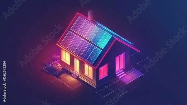 Fototapeta Illuminated house with solar panels.