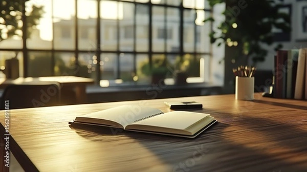 Obraz Open notebook on desk bright workspace sunlight studying writing planning business office work from home 100