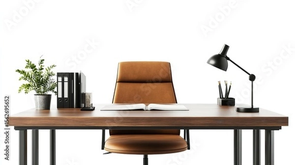 Obraz Office desk setup with chair lamp plant and books for business interior design and workspace concept