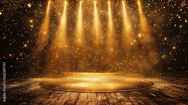 Fototapeta Prestigious golden stage illuminated by luxurious spotlights, featuring falling star particles and dynamic golden light waves.