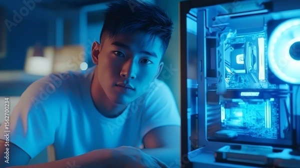 Obraz Young man with custom gaming pc build looking at camera with blue lighting and computer components inside