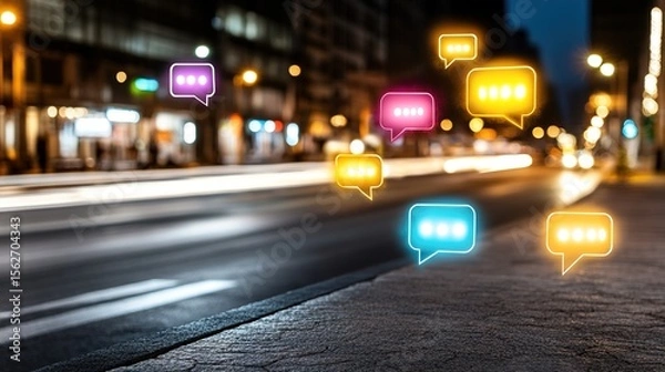 Fototapeta Colorful Speech Bubbles on City Street at Night with Light Trails