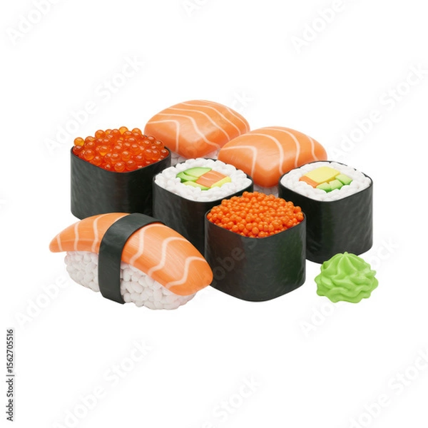 Fototapeta 3D realistic set of sushi rolls for Japanese food, cuisine, seafood, or restaurant concept isolated on a transparent background, png, cutout