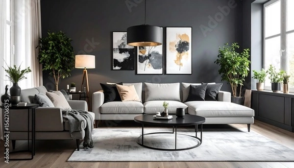 Fototapeta Modern living room interior with sofa with art, and decor, and cozy home space.