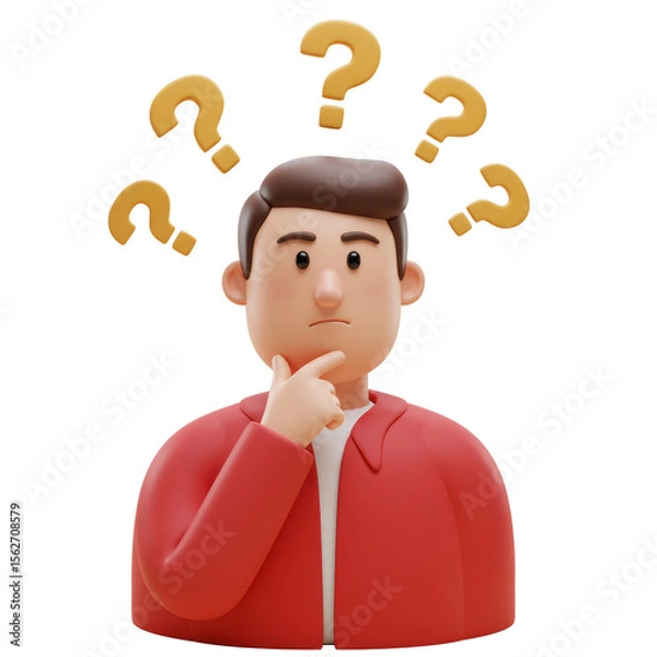 Fototapeta 3D realistic confused man thinking with question marks for doubt, question, decision, or idea concept isolated on a transparent background, png, cutout