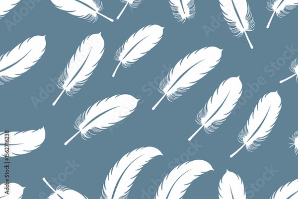Fototapeta Elegant Feather Pattern- Seamless White Feathers on Blue Background- Calming and Serene Design- Perfect for Textiles or Digital Art- Lightweight Texture