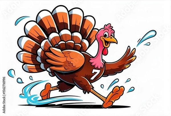 Fototapeta Cartoon Turkey in Motion with Sweat Drops and Number Seven on Its Chest