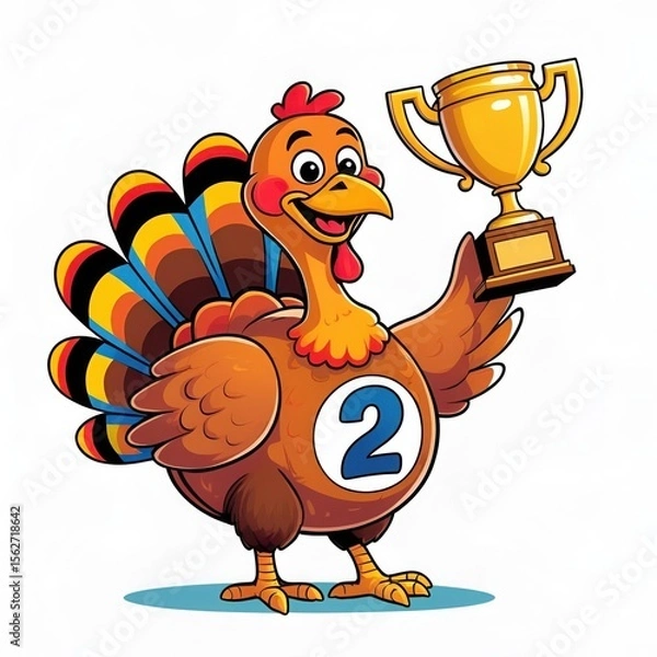 Fototapeta Cartoon Turkey Holding Mini Trophy with Number Two on Belly Smiling Wide Background