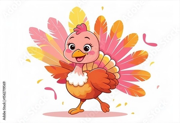 Fototapeta Cartoon Turkey Ballerina with Feathers Twirling Joyfully on a White Background