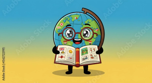 Obraz Cartoon Earth Character Wearing Red Glasses Reading Comic Book in Colorful Background