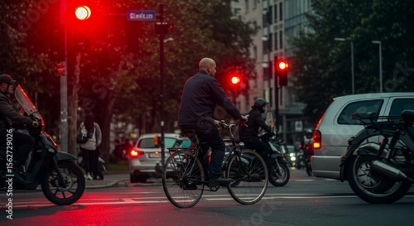 Fototapeta Urban cyclist navigates a city intersection at a red light, showcasing a moment of calm amidst the urban bustle.