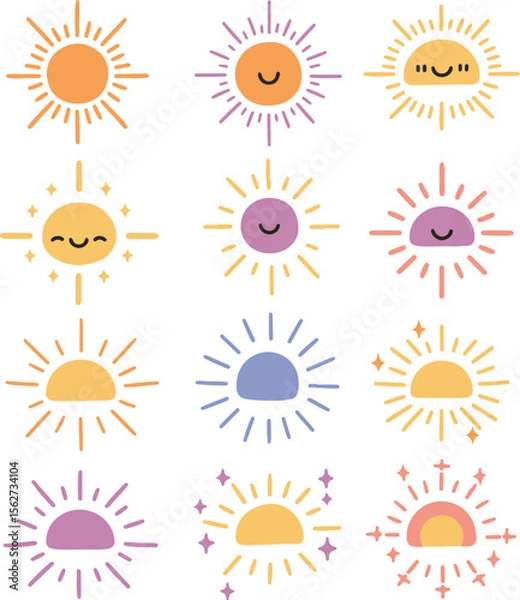 Fototapeta Collection of vector sun icons: diverse designs for summer, sunlight, and weather illustrations