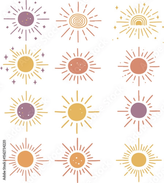 Fototapeta Collection of vector sun icons: diverse designs for summer, sunlight, and weather illustrations