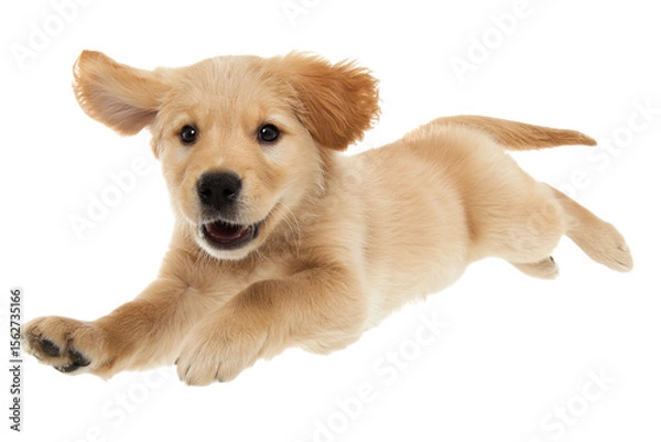 Fototapeta Adorable golden retriever puppy leaps joyfully against a black backdrop, showcasing its playful energy and irresistible charm in mid-air isolated on transparent background