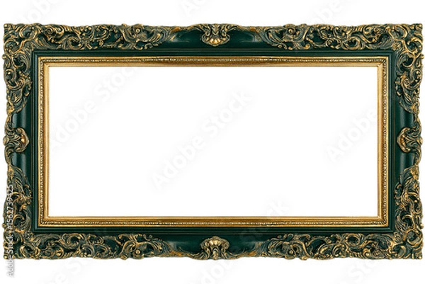 Fototapeta Ornate Rectangular Frame with Gold Trim and Green Accents, Vintage Style Empty Border for Paintings and Photos on Black isolated on transparent background