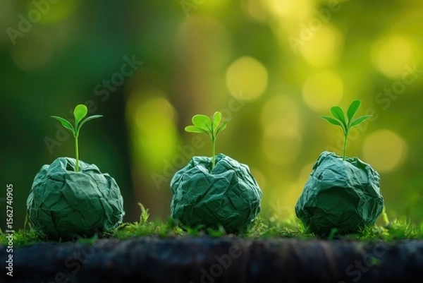 Fototapeta Three small green plants sprout from crumpled paper balls on a log, soft-focused background of nature